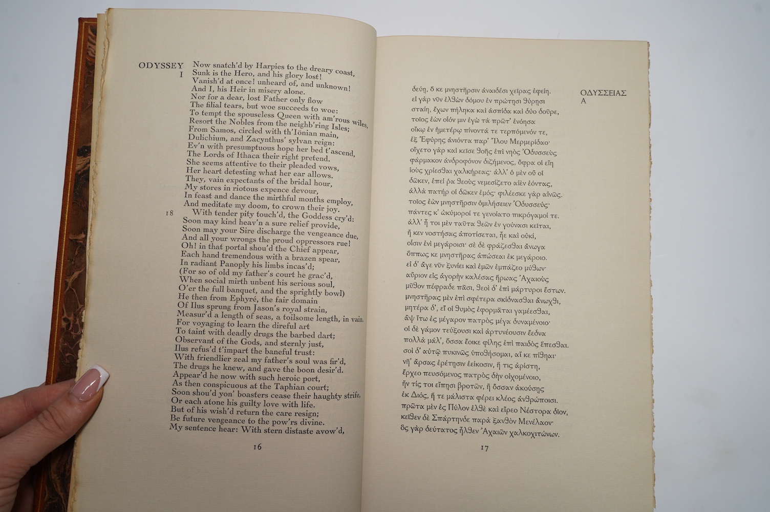 Homer - The Iliad The Odyssey. (Translated by) Pope. 2 vols. title and text decorations; original gilt ruled tan morocco, panelled spines gilt lettered direct, gilt tops and other edges rough trimmed, marbled e/ps. roy.